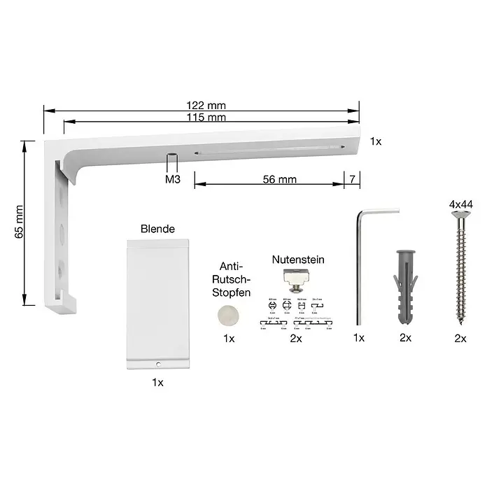 Wandträger - 1 Stk., Weiß, Länge: 11,5 cm - Weißer Metallregalträger mit Maßen und komplettem Montagematerial inklusive Schrauben, Dübeln, Inbusschlüssel und Nutensteinen.