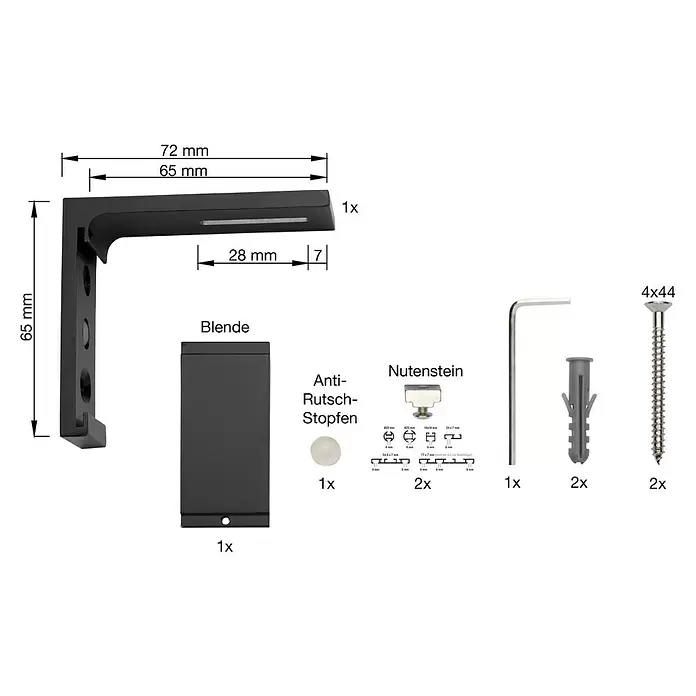 Wandträger - 1 Stk., Schwarz, Länge: 6,5 cm - Schwarze Wandhalterung mit komplettem Montagezubehör: Schrauben, Dübel, Inbusschlüssel, Blende, Antirutsch-Stopfen und Nutensteine, inklusive Maße.