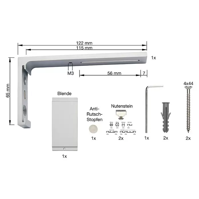 Wandträger - 1 Stk., Aluminium-Silber, Länge: 11,5 cm - Silberfarbener Aluminium-Regalträger mit Maßen und Montagematerial, inklusive Abdeckung und Nutensteinen.