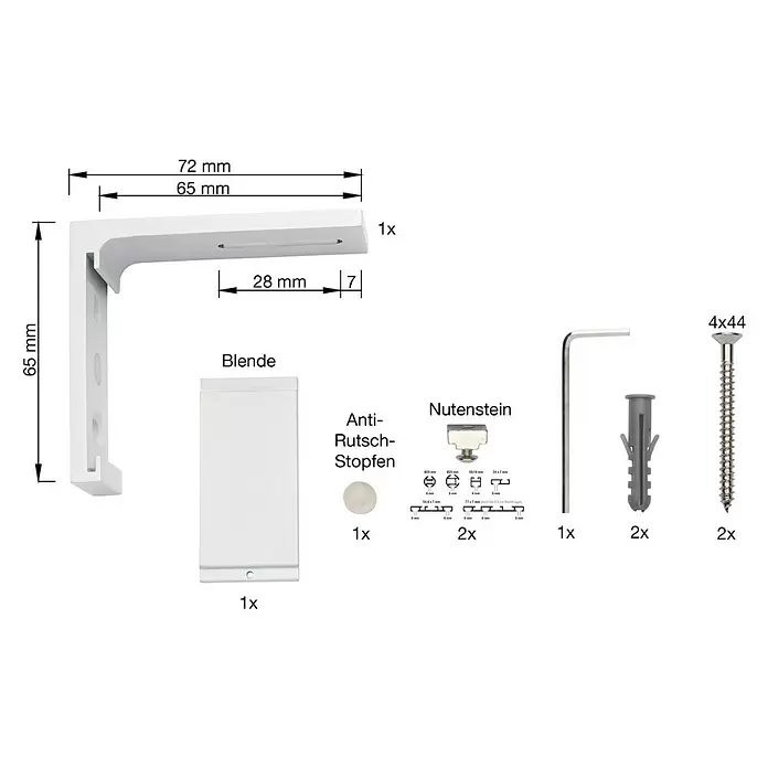 Wandträger - 1 Stk., Weiß, Länge: 6,5 cm - Weißer Regalträger (65x72mm) mit Abdeckung, Antirutschstoppern, Nutensteinen, Inbusschlüssel, Dübeln und Schrauben.
