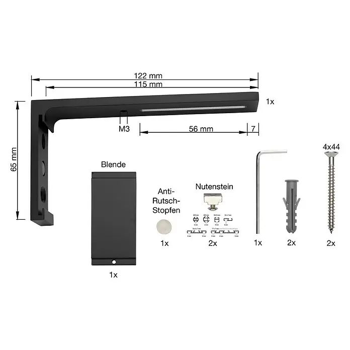 Wandträger - 1 Stk., Schwarz, Länge: 11,5 cm - Schwarze Metall-Wandhalterung mit Maßen und zugehörigem Montagematerial wie Schrauben, Dübeln und Blende.