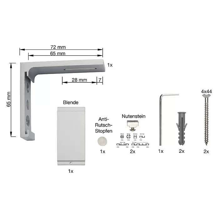 Wandträger - 1 Stk., Aluminium-Silber, Länge: 6,5 cm - Silbernes Aluminium-L-Winkelset mit Blende, Antirutsch-Stoppern, Nutensteinen, Inbusschlüssel, Dübeln und Schrauben, inkl. Maße.