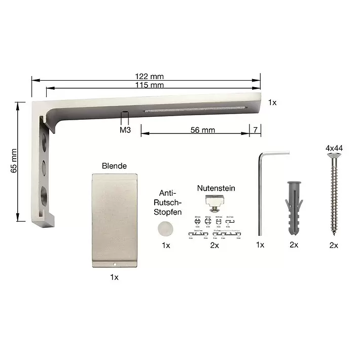 Wandträger - 1 Stk., Edelstahl-Optik, Länge: 11,5 cm - Gebürstete L-förmige Regalhalterung aus Metall mit Maßen, M3-Schraubloch und Montagematerial wie Nutensteinen, Schrauben und Dübeln.