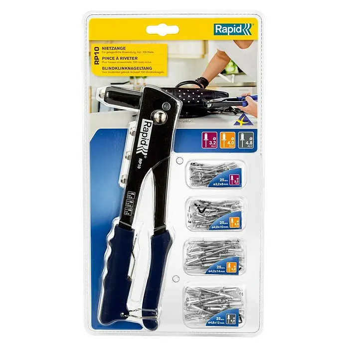 Rapid Blindnietzangen-Set RP10 - Geeignet für: Aluminiumnieten (Ø 3,2 mm, Ø 4 mm, Ø 4,8 mm) - Bild einer Rapid RP10 Nietzange mit 100 Nieten, ideal für gelegentliche Anwendungen und Heimwerkerprojekte.