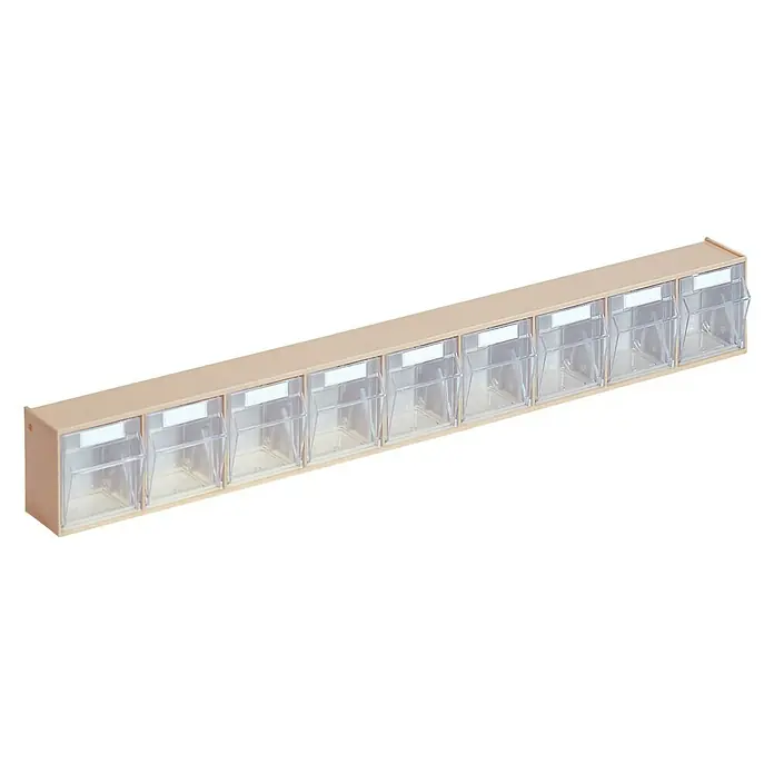 Lockweiler Organizador de piezas pequeñas STS 9 - 6,3 x 60 x 7,7 cm, Número de compartimentos: 9 ud., Capacidad volumétrica: 0,9 l - Una caja de cajones de madera clara con múltiples cajones transparentes para guardar piezas pequeñas y material de oficina.
