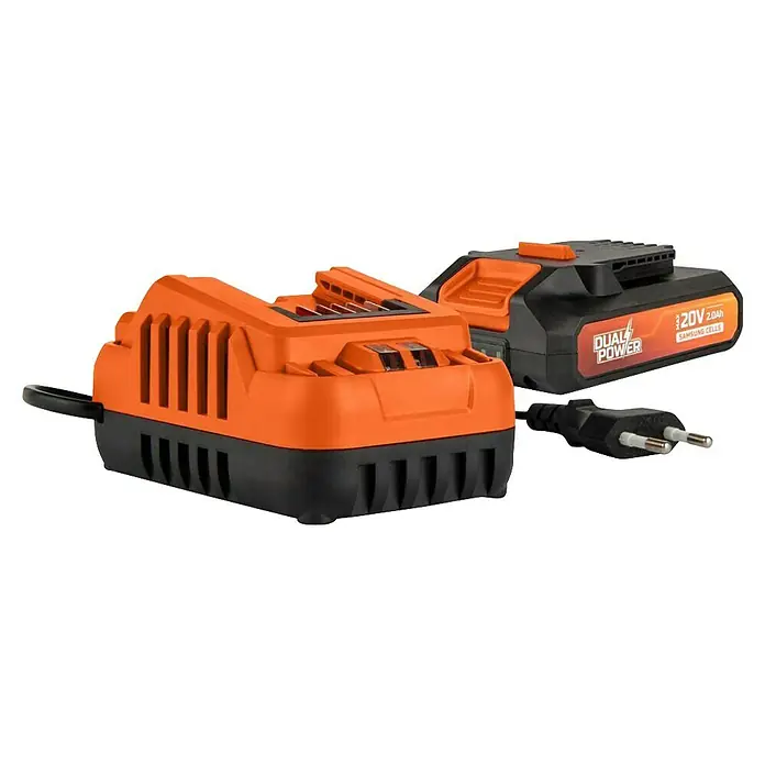 PowerPlus Batería y cargador POWDP90620 - 20 V, 1 batería, 2 Ah - Cargador de batería Dual Power naranja con batería de 20V, ideal para cargar herramientas eléctricas.