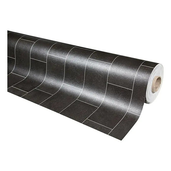 Beauflor PVC-Boden Meterware Atlantic - 200 cm, Kent 909E, Schwarz - Rolle schwarzes Vinyl mit Fliesendesign und hellen Fugenlinien, ideal für moderne Bodenbeläge und Renovierungen im Innenbereich.