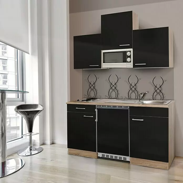 Respekta Cocina compacta Luis - Ancho: 150 cm, Negro, Placa vitrocerámica, frigorífico y microondas, Microondas, Color de la encimera: Roble - Cocina compacta con armarios negros brillantes, base de madera clara, microondas, vitrocerámica, fregadero y mini nevera integrados.