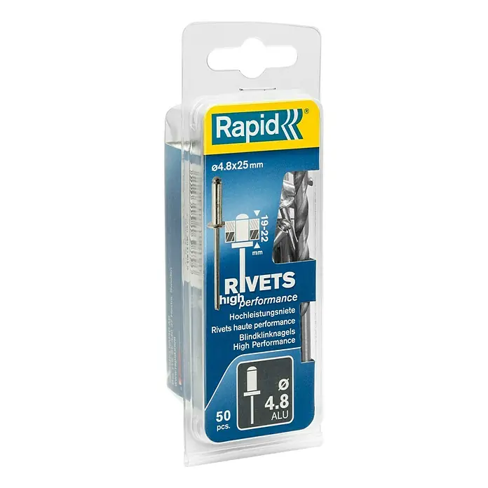 Rapid Blindniete ALU - Nietdurchmesser: 4,8 mm, Nietlänge: 25 mm, 50 Stk. - Packung Rapid Blindnieten 4,8x25mm, 50 Stück, aus Aluminium für hochfeste Verbindungen in verschiedenen Anwendungen.