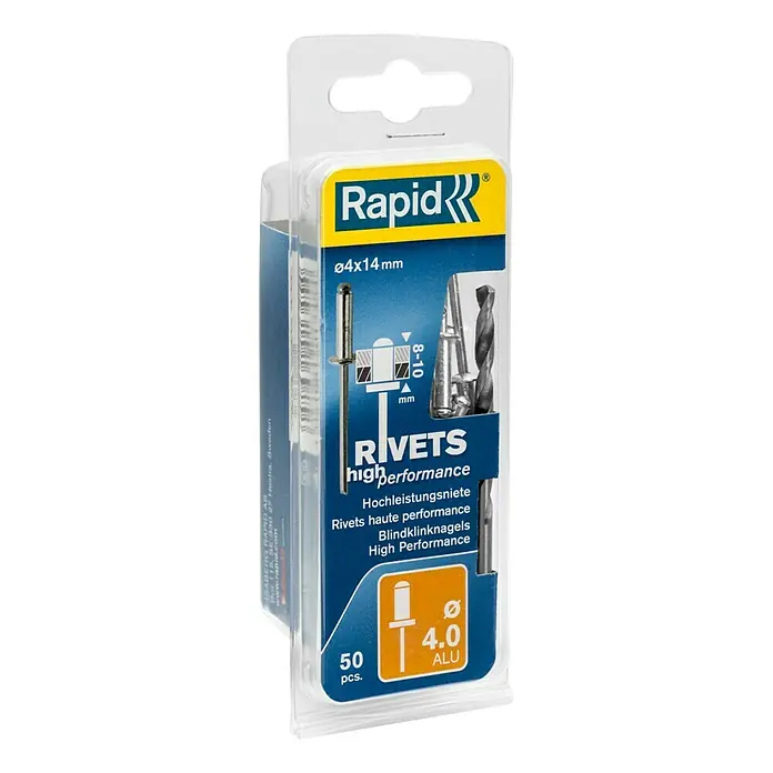 Rapid Blindniete ALU - Nietdurchmesser: 4 mm, Nietlänge: 14 mm, 50 Stk. - Rapid Blindnieten Ø4x14mm, 50 Stück im Set. Geeignet für Hochleistungsanwendungen mit einem Durchmesser von 4,0 mm und aus Aluminium.