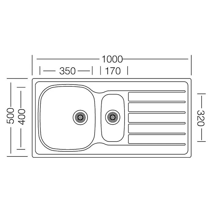 Respekta Fregadero encastrable Dallas - 100 x 50 cm, Acero inoxidable - Imagen de un fregadero de cocina con escurridor y dimensiones de 1000x500mm.