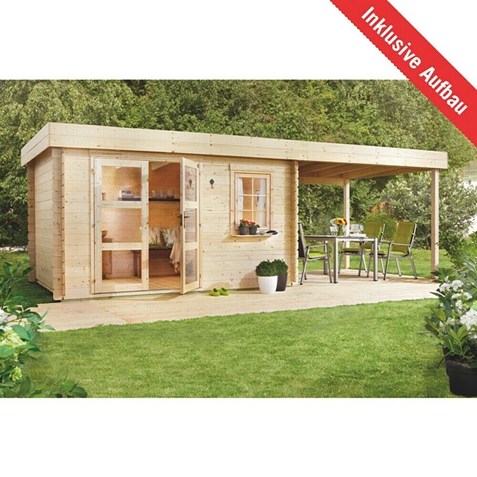 Kiehnholz Vrtna hiška Lounge 2  (Zunanje dimenzije vključno s strešnim previsom (Š x G): 605 x 282 cm, Les, Rjava) | 7435 - Blockbohlenhäuser | IAGD - Gartenhäuser | IAG - Außenbereichsausstattung | IA - Gartenhartware | I - Stadtgarten | BAUHAUS
