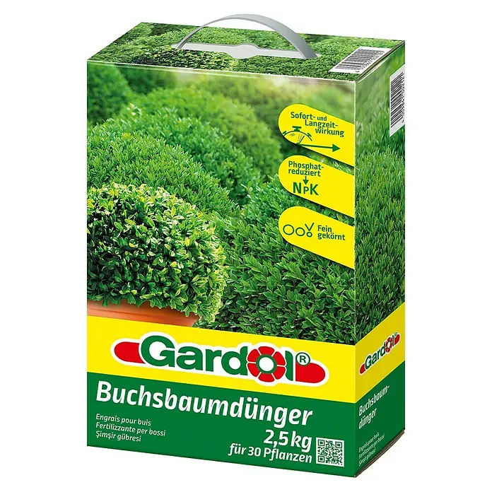 Gardol Buchsbaumdünger - 2,5 kg - Bild eines Kartons Gardol Buchsbaumdüngers mit Abbildungen von Buchsbäumen und Produktinformationen.