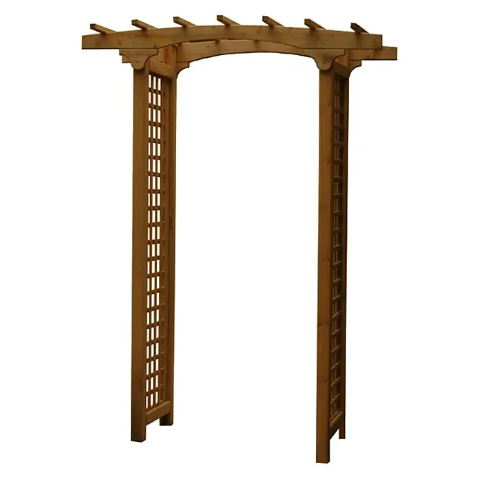 Pergola Straßburg - Durchgangsbreite: 100 cm, Höhe: 218 cm - Bild eines freistehenden Holzbogen mit Gitterpaneelen an den Seiten und einer leicht gebogenen Oberseite. Ideal für Gärten und Außenbereiche.