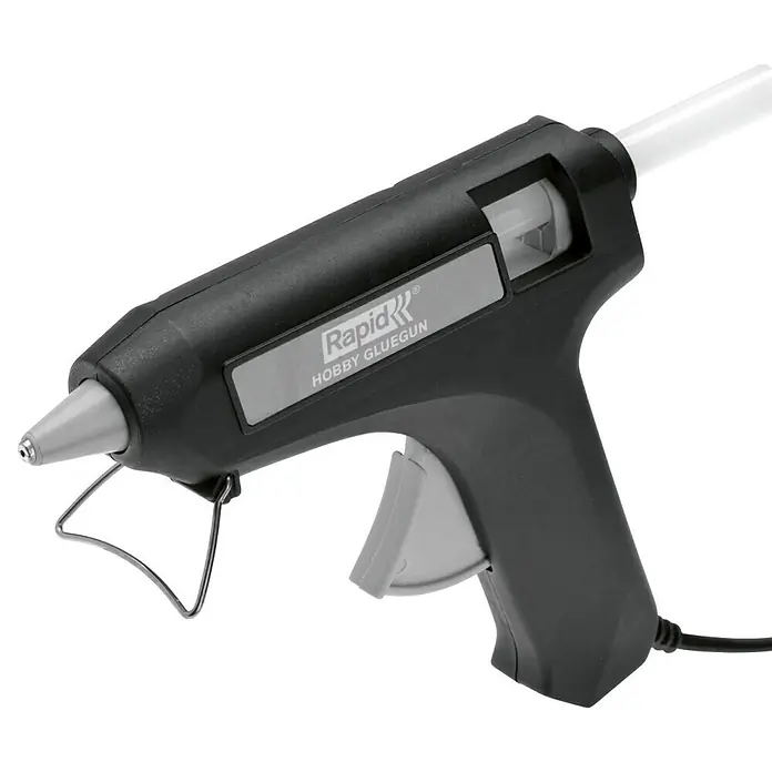 Rapid Heißklebepistolen-Set Hobby - Durchmesser Klebepatrone: 12 mm, 15 W - Das Bild zeigt eine schwarze Rapid Hobby Klebepistole, ideal für Bastelarbeiten und kleinere Reparaturen, mit einem weißen Klebestift.