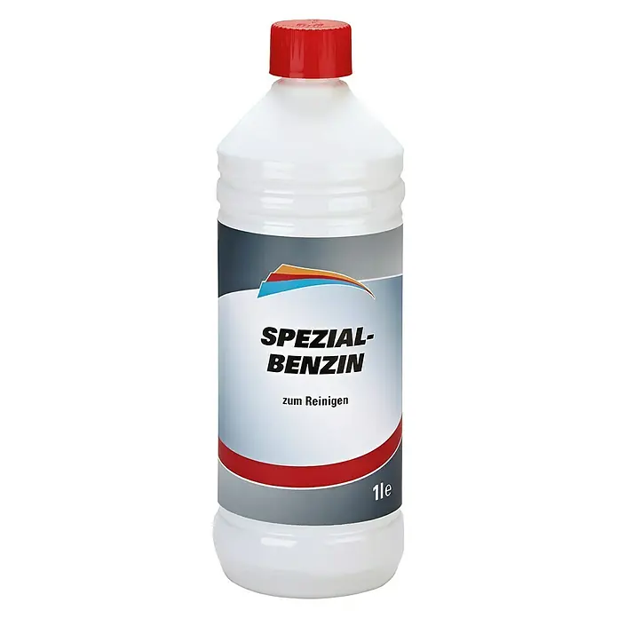 Spezialbenzin - 1 l - Spezial-Benzin in einer weißen Flasche mit rotem Deckel. Das Etikett ist grau, rot und blau und enthält den Text "Spezial-Benzin zum Reinigen".
