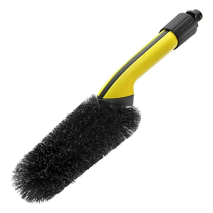 Kärcher Felgenwaschbürste - Passend für: Kärcher Hochdruckreiniger K2 - K7 - Detailaufnahme einer gelb-schwarzen Bürste mit schwarzen Borsten für die Autowäsche. Ideal für Felgen und schwer zugängliche Stellen.