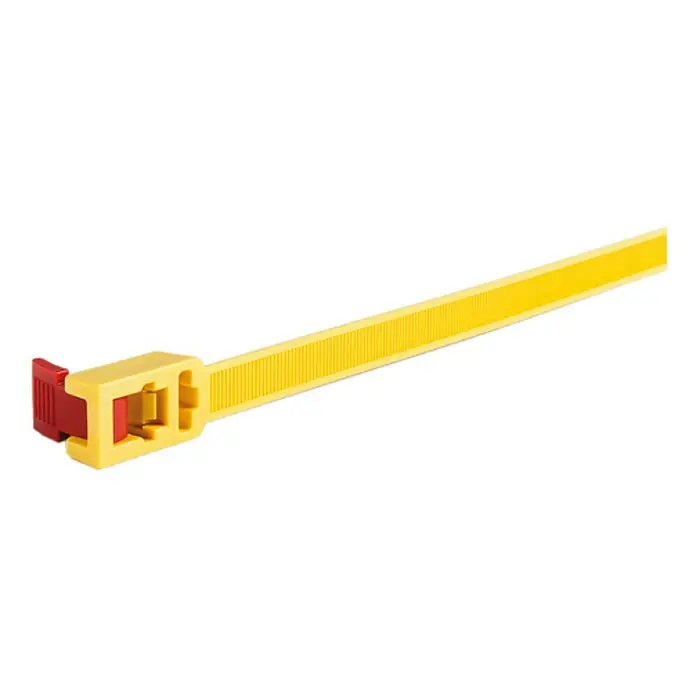 Kabelbinder - Gelb, 750 x 13 mm, Belastbarkeit: 90 kg, 5 Stk. - Gelber Kabelbinder mit rotem Hebel. Er ist ideal, um Kabel und Drähte ordentlich zu bündeln und zu sichern.
