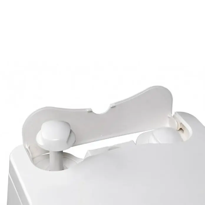 Thetford Campingtoilette Porta Potti Excellence 565E - L x B x H: 45 x 38,8 x 44,8 cm, Tragbar, Elektrische Wasserspülung - Nahaufnahme eines weißen Toilettensitzes mit offenem Deckel, der die Details und das Design hervorhebt.