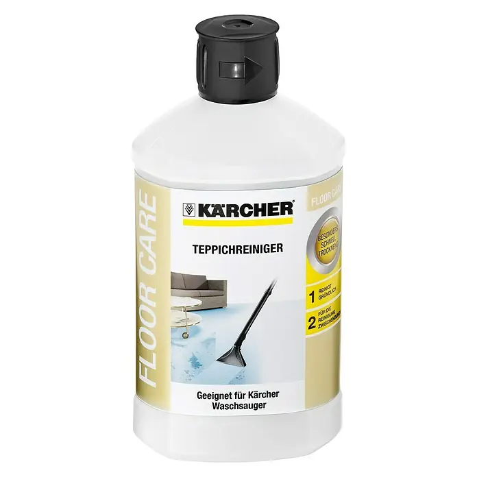 Kärcher Teppichreiniger RM 519 - 1 l - Das Bild zeigt eine Flasche Kärcher Teppichreiniger, geeignet für Waschsauger. Es verspricht eine schnelle Trocknung und gründliche Reinigung für Zwischendurch.