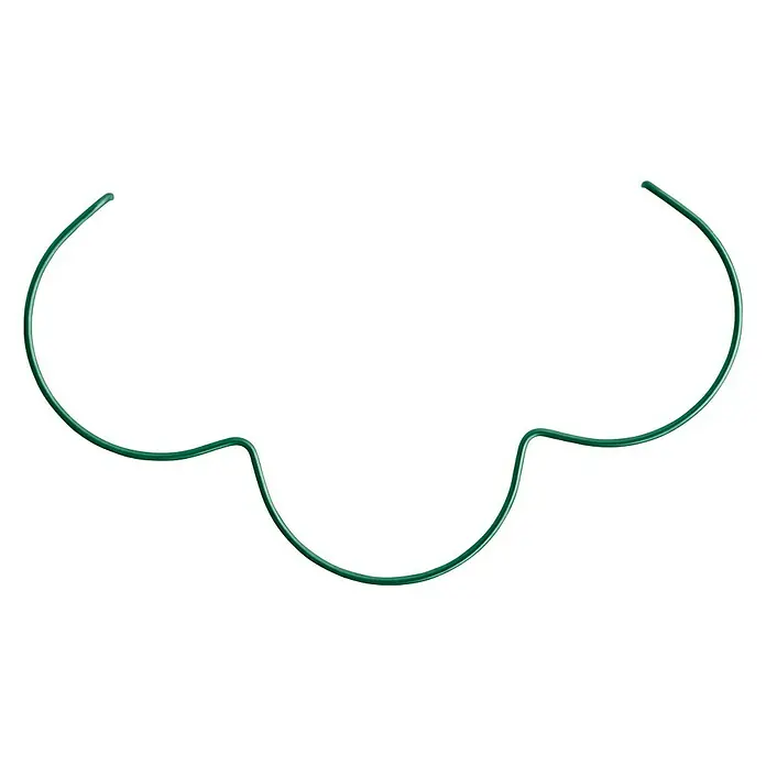 Bellissa Staudenstütze Round - Ø x H: 40 x 80 cm, Gebogen - Nahaufnahme eines grünen Pflanzenclips aus Metall, der zum Befestigen von Pflanzen an Stäben oder Rankgittern verwendet wird.\n
