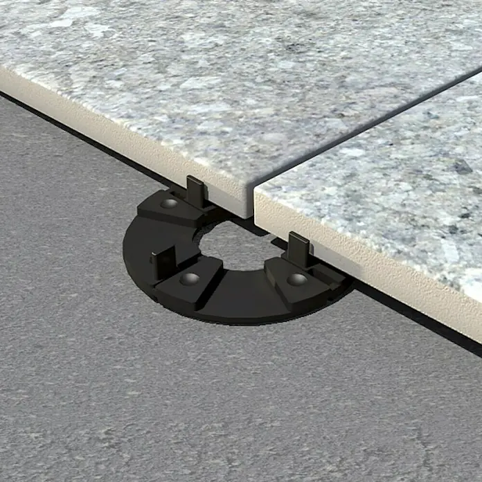 Plattenlager TL1 - 15 Stk., Kunststoff - Bild eines Terrassenlagers unter zwei Terrassenplatten, das eine einfache und schnelle Installation ermöglicht.