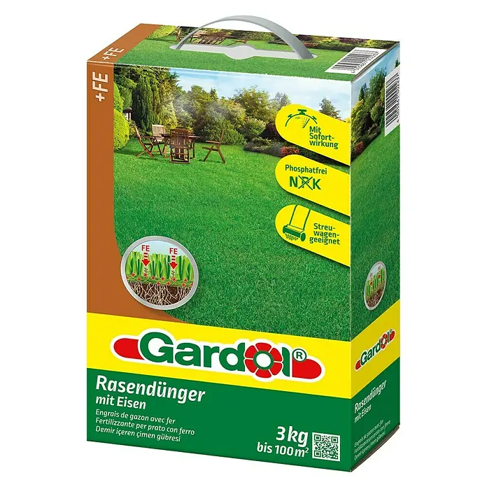 Gardol Rasendünger mit Eisen - 3 kg, Max. Anwendungsfläche: 100 m² - Rasendünger mit Eisen von Gardol, 3 kg Packung, für einen gesunden, grünen Rasen. Ideal zur Anwendung mit dem Streuwagen.