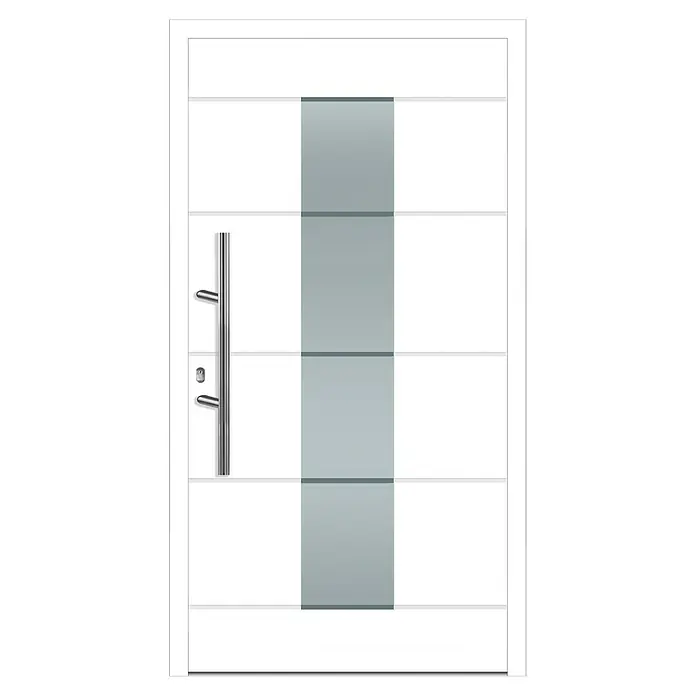 Solid Elements Haustür KA-305 - 110 x 210 cm, DIN Anschlag: Links - Elegante weiße Haustür mit einem vertikalen grauen Glasstreifen in der Mitte und einem modernen Edelstahlgriff auf der linken Seite.