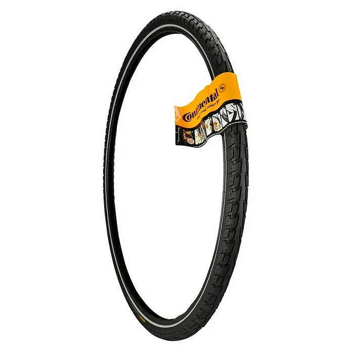 Continental Fahrradreifen Tour Ride - Geeignet für: Trekkingräder, 28 ", 1,6 " - Ein Continental Fahrradreifen mit einem gelben Etikett, das um ihn gewickelt ist. Hervorragende Wahl für Ihre Fahrt!