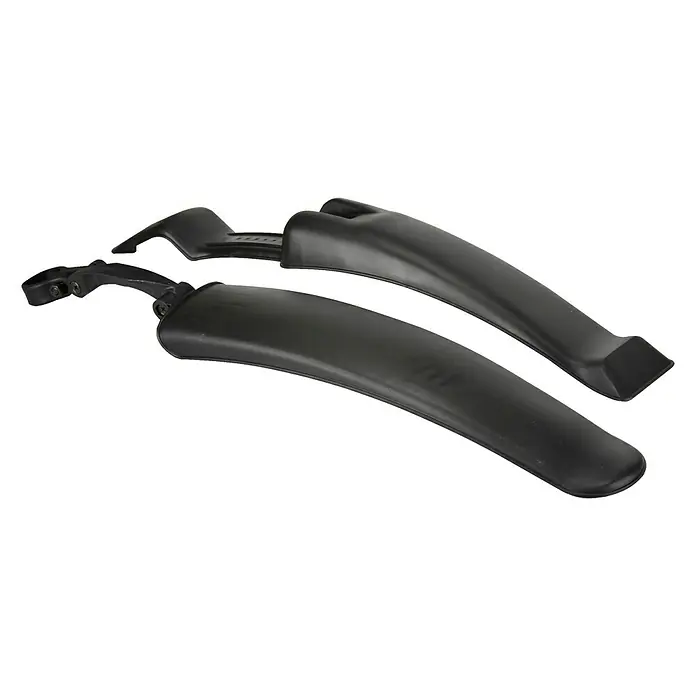 Fischer Spritzschutz - Anschraubbar, Geeignet für: 24 - 26″ Fahrräder - Abgebildete schwarze Fahrradschutzbleche. Sie sind auf einem weißen Hintergrund positioniert und bieten Schutz vor Spritzwasser und Schmutz.