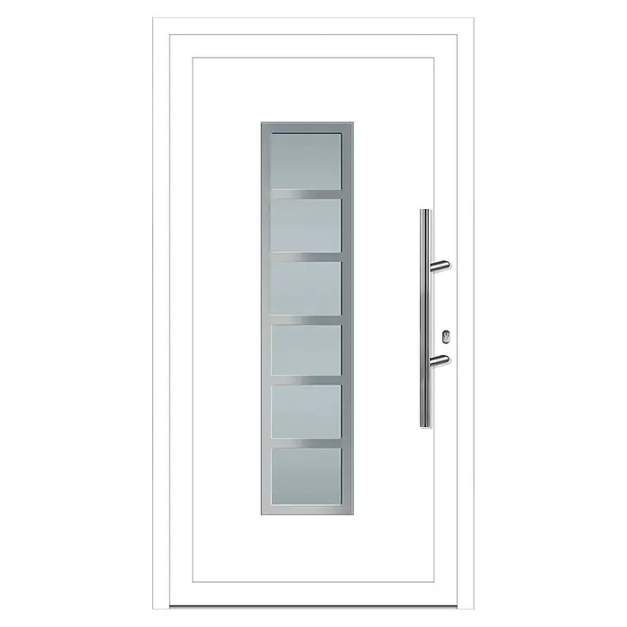 Solid Elements Haustür KA-106 - 100 x 200 cm, DIN Anschlag: Rechts - Eine moderne Haustür mit einer vertikalen Fensterreihe und einem eleganten Griff. Die Tür präsentiert ein stilvolles Design.
