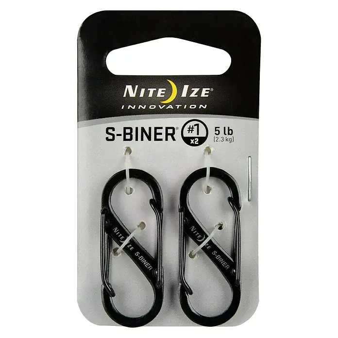 Nite Ize Doppelkarabiner - 40 x 14 mm, Edelstahl, Schwarz, Belastbarkeit: 2,3 kg - Verpackung mit zwei schwarzen Nite Ize S-Biner #1 Karabinerhaken, je 5 lb Tragkraft, ideal zum Organisieren von Schlüsseln und Ausrüstung.