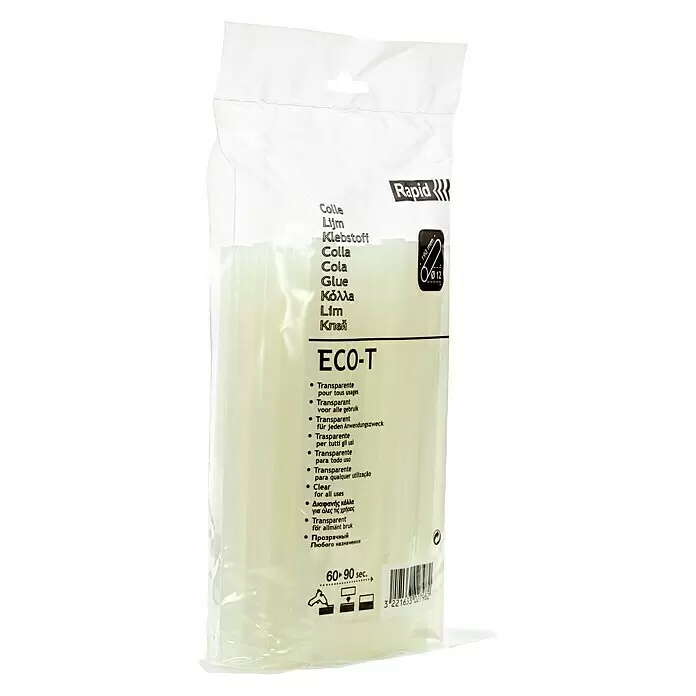 Rapid Barras termoadhesivas ECO-T - 12 mm, Transparente, 500 g - Bolsa de plástico transparente con barras de pegamento Rapid ECO-T claras/verde claro, de 190 mm de largo y 12 mm de diámetro, para todo uso.