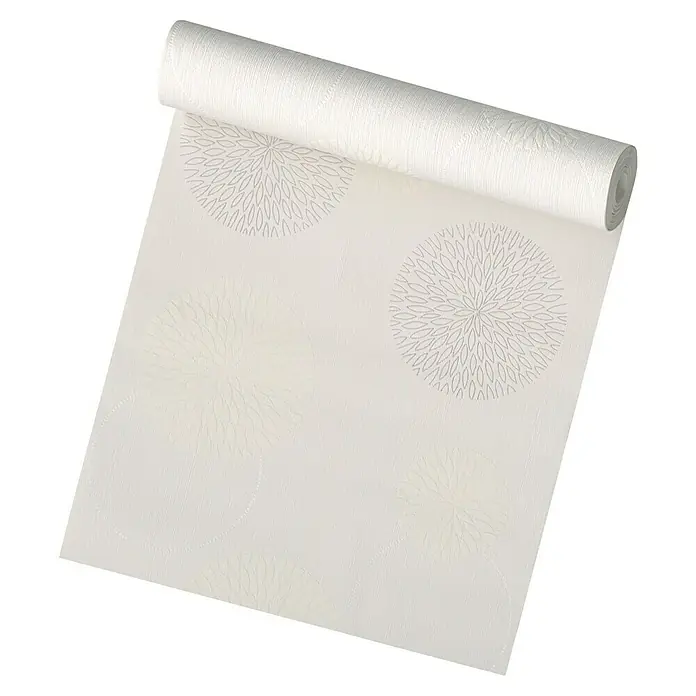 A.S. Création Vliestapete Blütenmuster - Creme/Weiß, Floral, 10,05 x 0,53 m - Nahaufnahme einer Rolle weißer Tapete mit einem eleganten, kreisförmigen Muster. Perfekt, um jedem Raum eine schlichte, stilvolle Note zu verleihen.