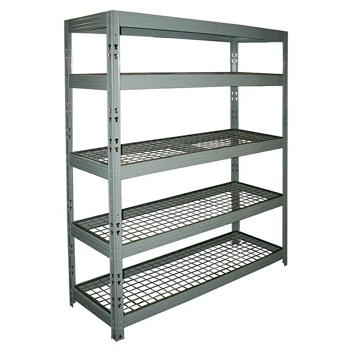 Schwerlastregal - H x B x T: 180 x 140 x 50 cm, Traglast pro Boden: 350 kg, Anzahl Böden: 5 Stk., Stecken, Grau - Graues Metallregal mit vier Ebenen und Gitterböden für Lagerung und Organisation in Garage oder Keller.