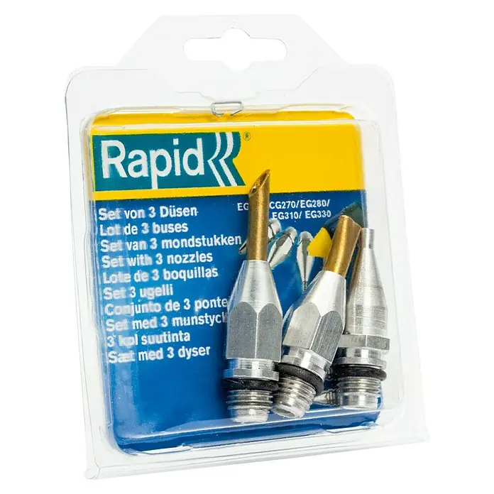Rapid Düsen-Set - 3 -tlg. - Rapid Düsenset: Set mit 3 Düsen für verschiedene Anwendungen, verpackt in transparenter Kunststoffverpackung.