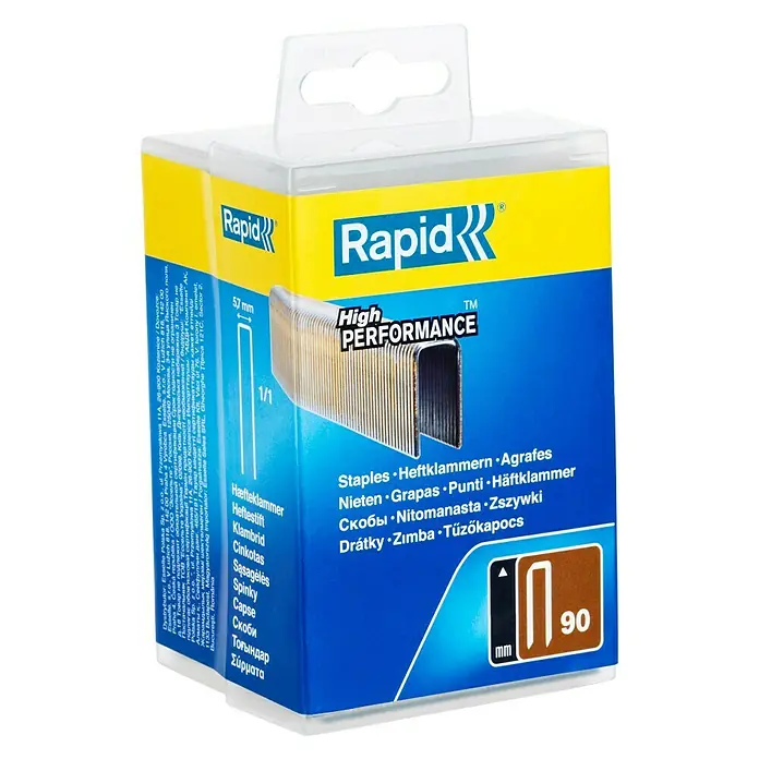 Rapid Schmalrückenklammer Typ 90 - Länge: 30 mm, Rückenbreite: 5,7 mm, 3.000 Stk. - Nahaufnahme einer Packung Rapid 90 Hochleistungs-Heftklammern, ideal für Büro und Handwerk.