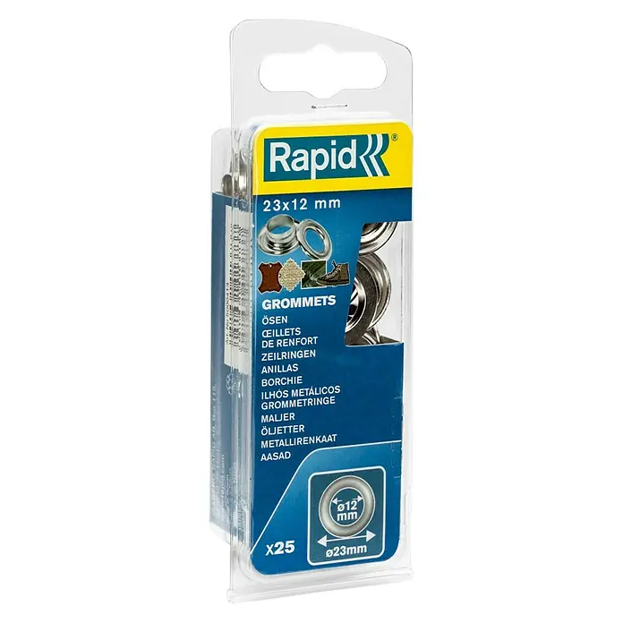 Rapid Ösen - Durchmesser: 12 mm, 25 Stk. - Packung Rapid Ösen 23x12 mm, ideal für Verstärkungen in Leder, Textilien oder Planen. Einfache Anwendung mit vielseitigen Einsatzmöglichkeiten.