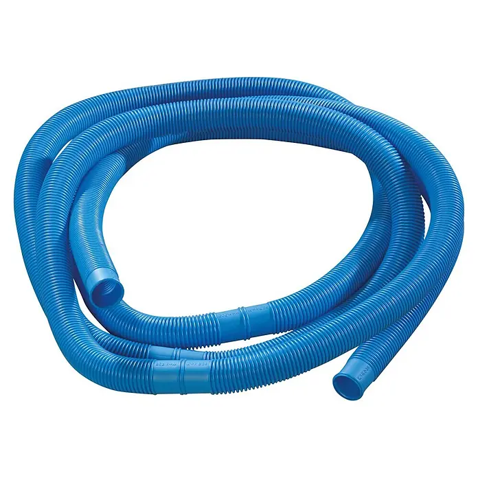 myPool Stahlwand-Pool Splash - Ø x H: 360 x 110 cm, Weiß/Blau, 10.000 l - Nahaufnahme eines blauen, flexiblen Poolschlauchs, der aufgerollt ist. Ideal für Poolreinigung.
