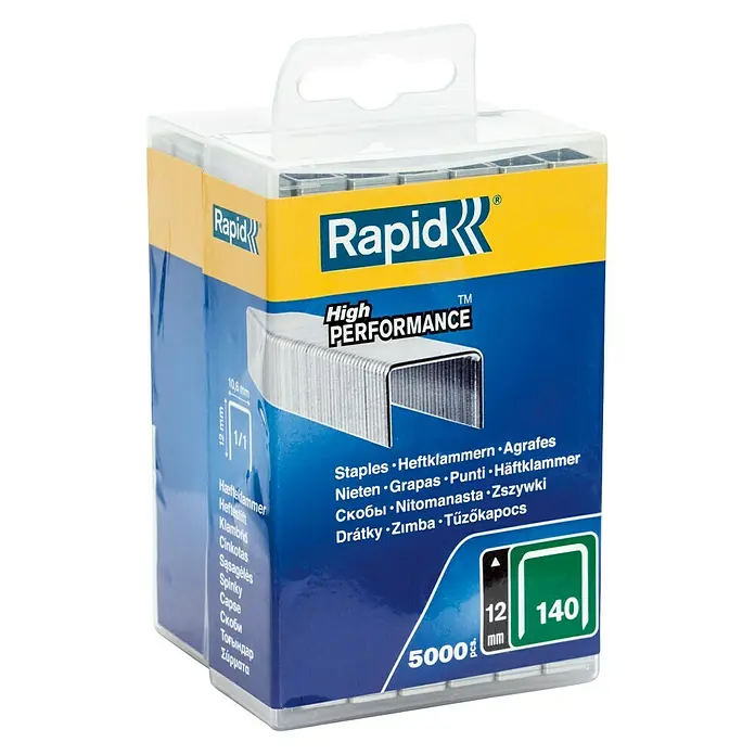 Rapid Flachdrahtklammern Typ 140 - Länge: 12 mm, Rückenbreite: 10,6 mm, 5.000 Stk., Kunststoffbox - Rapid High Performance Heftklammern 12/140, 5000 Stück für zuverlässiges Heften im Büro oder Zuhause.