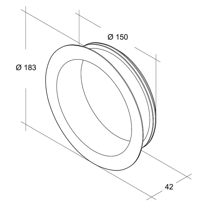 Air-Circle Wickelfalzrohr-Bundkragen - Durchmesser: 150 mm, Stahl - Draufsicht auf ein rundes, industrielles Metallteil mit den Durchmessern 150 mm und 183 mm und einer Tiefe von 42 mm.