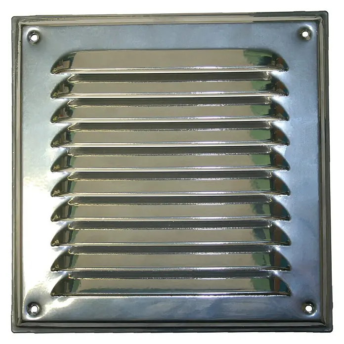 Air-Circle Abdeckgitter - 25 x 25 cm, Aluminium - Quadratischer, glänzender Lüftungsschlitz aus Metall mit Lamellen und vier Löchern zur Befestigung.
