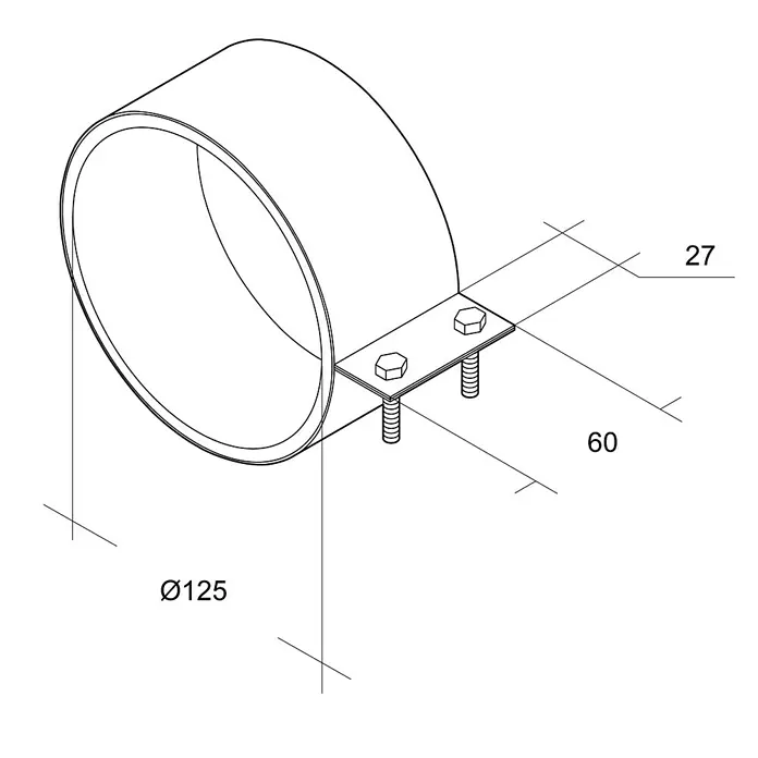 Air-Circle Manschette - Passend für: Rohrradialventilator 125, 2 Stk. - Rohrschelle mit den Maßen Durchmesser 125, 27 und 60, dargestellt in einer technischen Zeichnung.