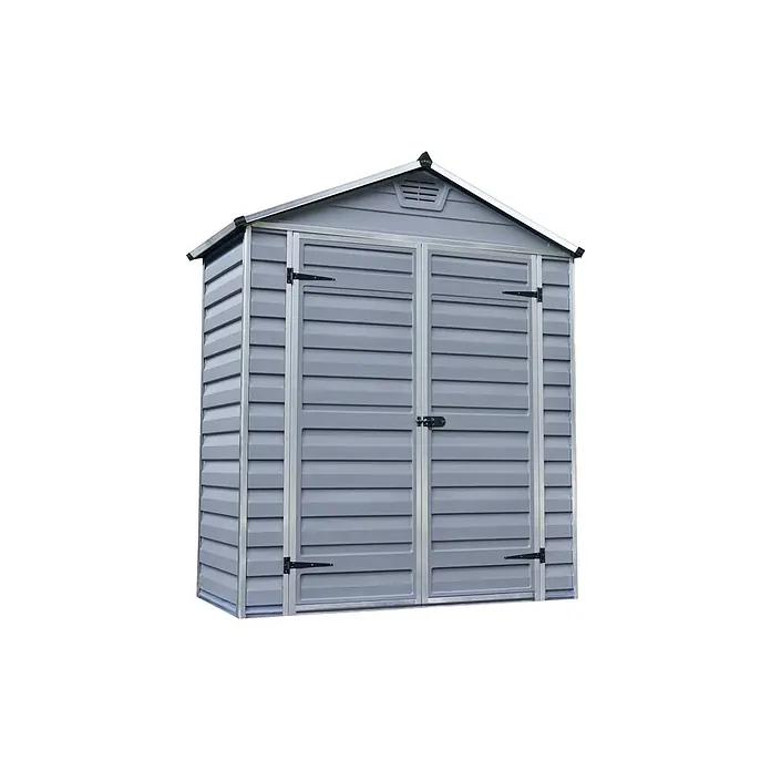 Palram – Canopia Gartenhaus Skylight - Außenmaß inkl. Dachüberstand (B x T): 185 x 90 cm, Kunststoff, Anthrazit/Grau - Abbildung eines grauen Gerätehauses mit Doppeltür und Giebeldach, ideal für die Gartenaufbewahrung.
