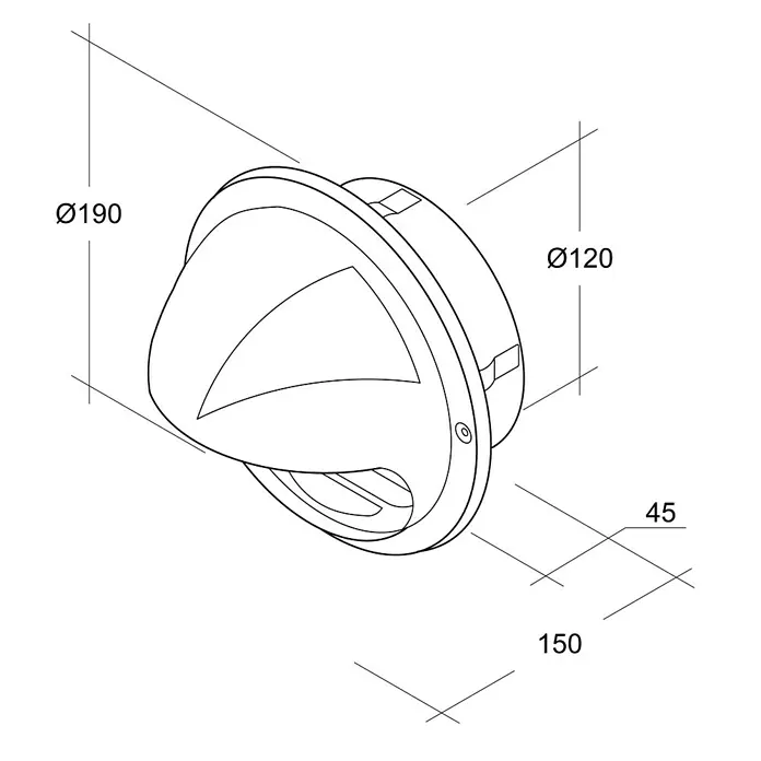 Air-Circle Design-Ablufthaube - Durchmesser Anschlussstutzen: 125 mm, Mit Fliegennetz, Edelstahl - Abbildung eines runden Wandlichts mit den Maßen Ø190 und Ø120, sowie 45 und 150 für die Abmessungen der Basis.