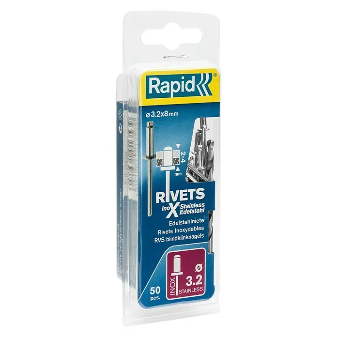 Rapid Blindniete - Nietdurchmesser: 3,2 mm, Nietlänge: 8 mm, 50 Stk. - Packung Rapid Blindnieten aus Edelstahl, 3,2 x 8 mm, 50 Stück, ideal für dauerhafte Verbindungen im Innen- und Außenbereich.