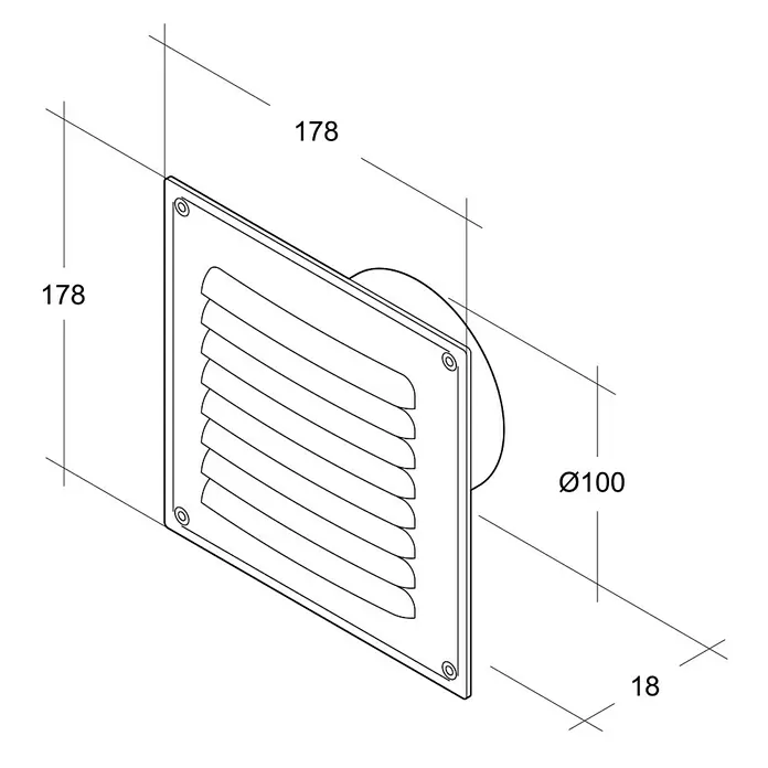 Air-Circle Außengitter - Durchmesser Anschlussstutzen: 100 mm, Aluminium, Weiß - Technische Zeichnung eines quadratischen Lüftungsgitters mit den Maßen 178 x 178 mm und einem Rohrdurchmesser von 100 mm.