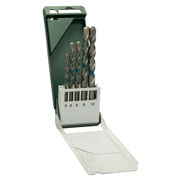 Bosch Beton- & Steinbohrer - 5 -tlg. - Ein Set mit Betonbohrern in verschiedenen Größen, ordentlich in einer grünen und weißen Aufbewahrungsbox präsentiert.