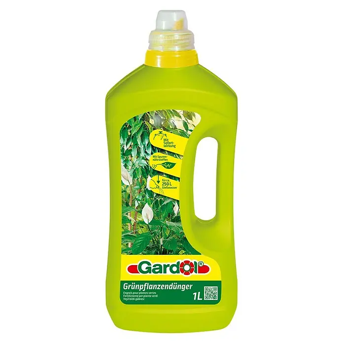Gardol Grünpflanzendünger - 1 l, Max. ausreichend für Flüssigkeitsmenge: 250 l - Das Bild zeigt eine 1L Flasche Gardol Grünpflanzendünger, ein Flüssigdünger für Zimmerpflanzen, der für bis zu 250L Gießwasser geeignet ist.