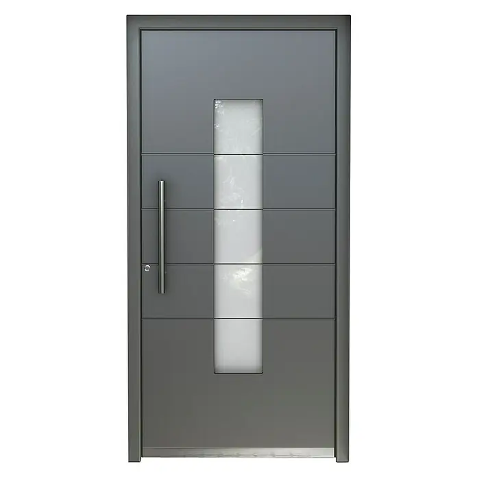 Portofino Haustür Basico 90 - 110 x 210 cm, DIN Anschlag: Links - Moderne Haustür in Anthrazit mit vertikalem Glaseinsatz und schlichtem, langem Griff. Stilvolles Design für einen einladenden Eingangsbereich.